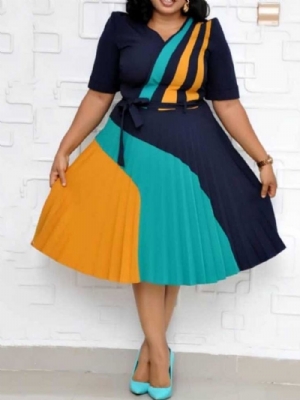 Vestido Plus Size Meia Panturrilha Gola V Manga Curta Color Block Data Noite Saia Vestido