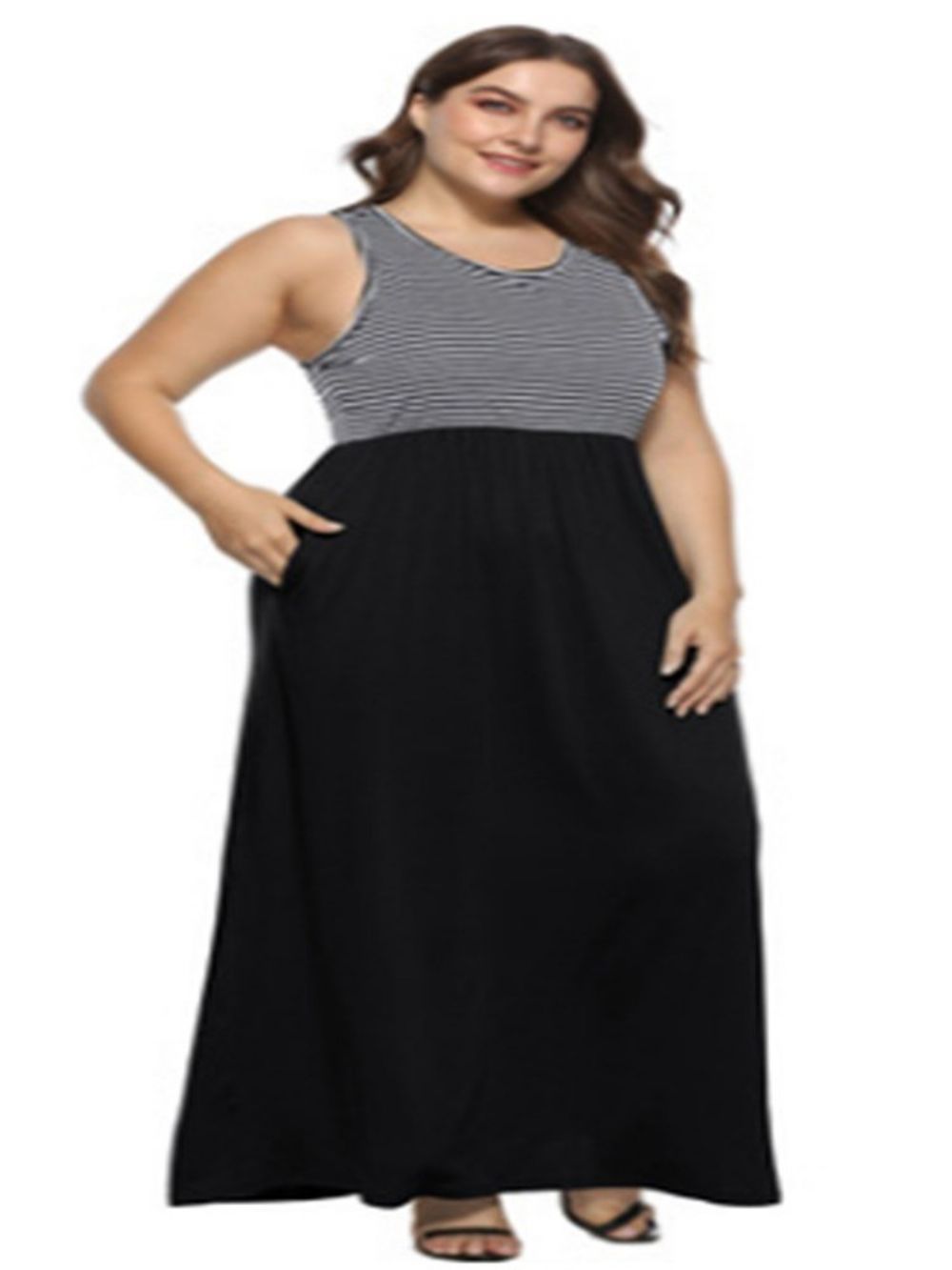 Vestido Plus Size Sem Mangas Com Gola Redonda E Comprimento Do Tornozelo