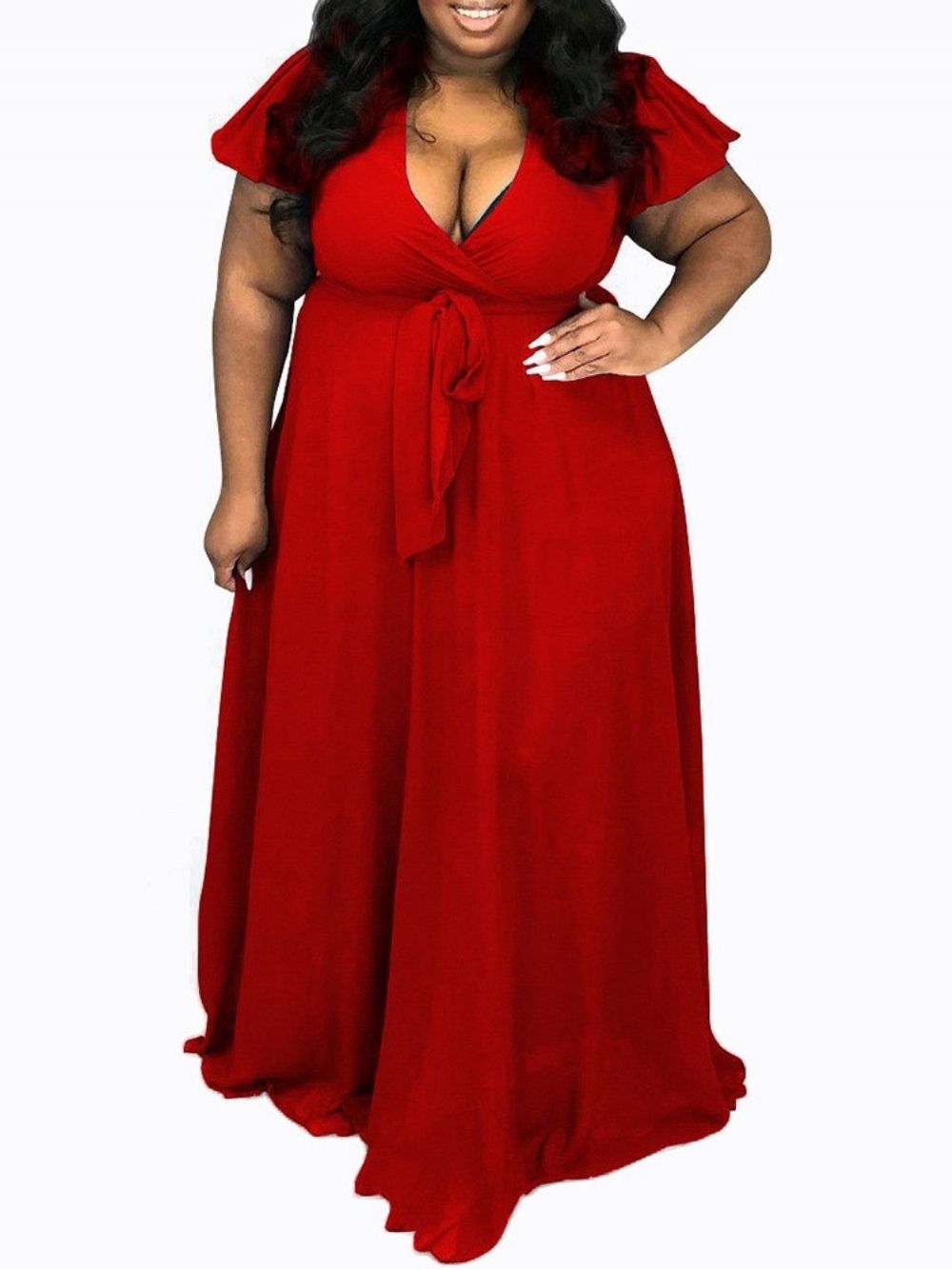 Vestido Pulôver Com Amarração Manga Curta Decote Em V Expansão Plus Size