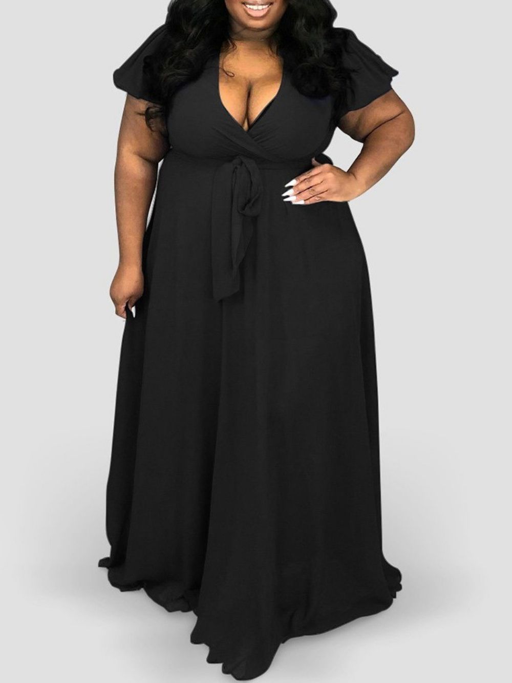 Vestido Pulôver Com Amarração Manga Curta Decote Em V Expansão Plus Size