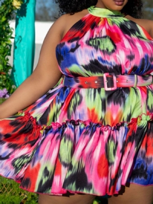 Vestido Pulôver Com Decote Em Degradê Sem Manga Acima Do Joelho De Ourela Amarrada Plus Size