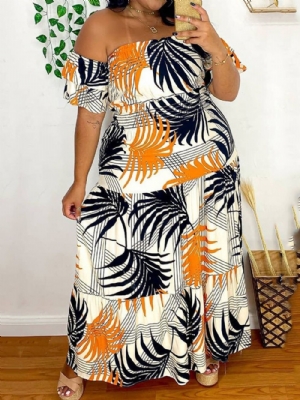 Vestido Pulôver Com Estampa De Ombro Até O Tornozelo Plus Size