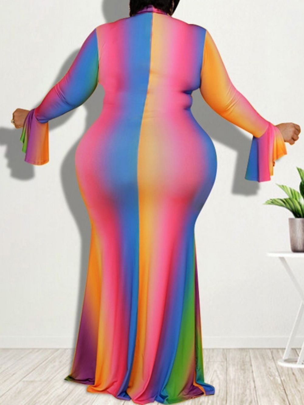 Vestido Pulôver Com Gola Alta Manga Longa Degradê De Patchwork Bodycon Plus Size