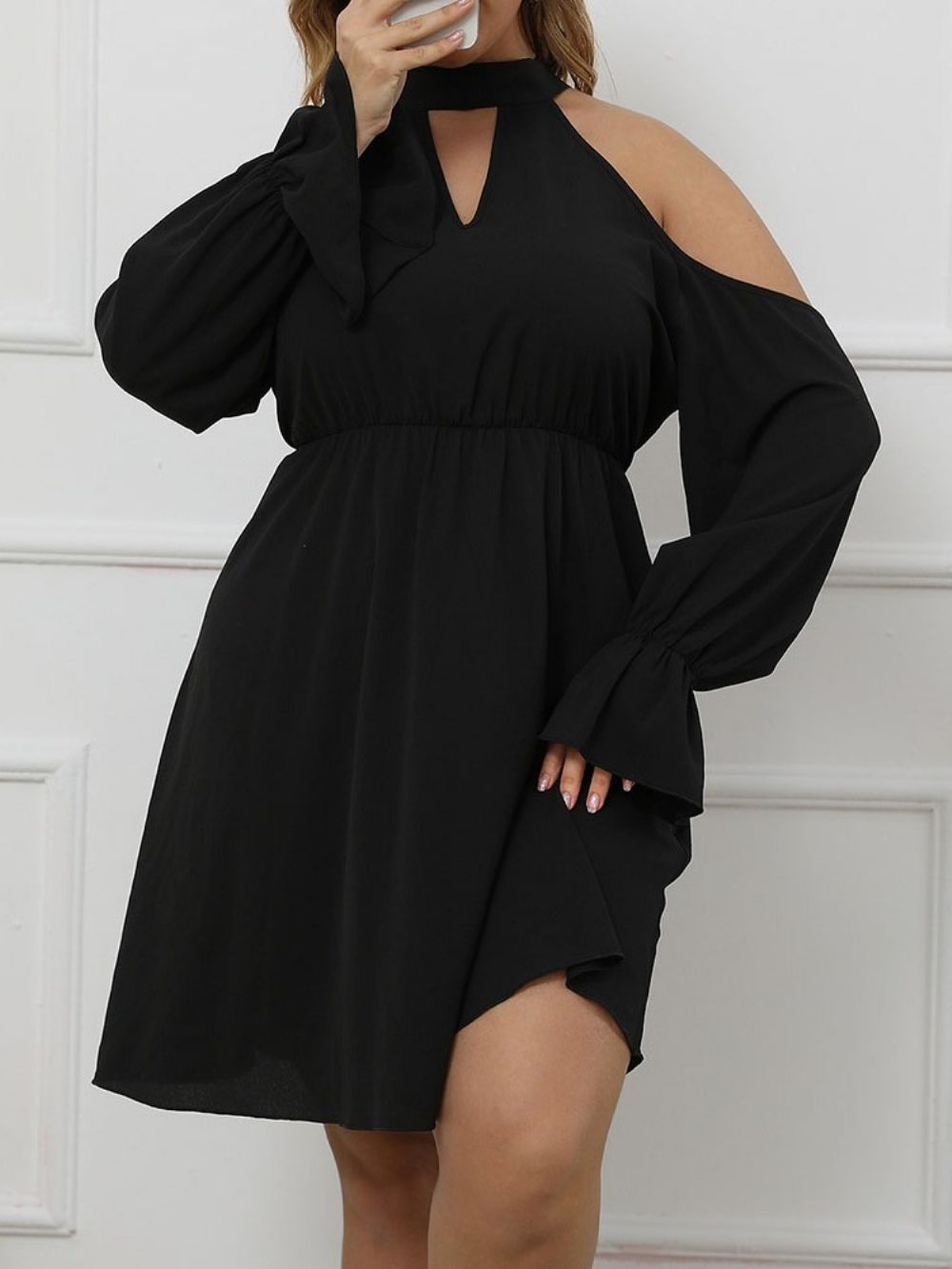 Vestido Pulôver Com Gola Até O Joelho Manga Longa Ocidental Plus Size