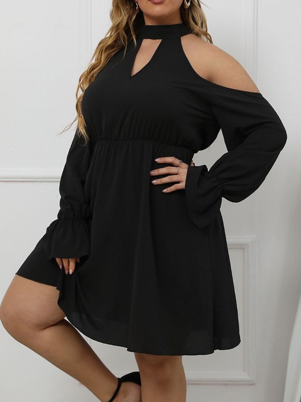 Vestido Pulôver Com Gola Até O Joelho Manga Longa Ocidental Plus Size