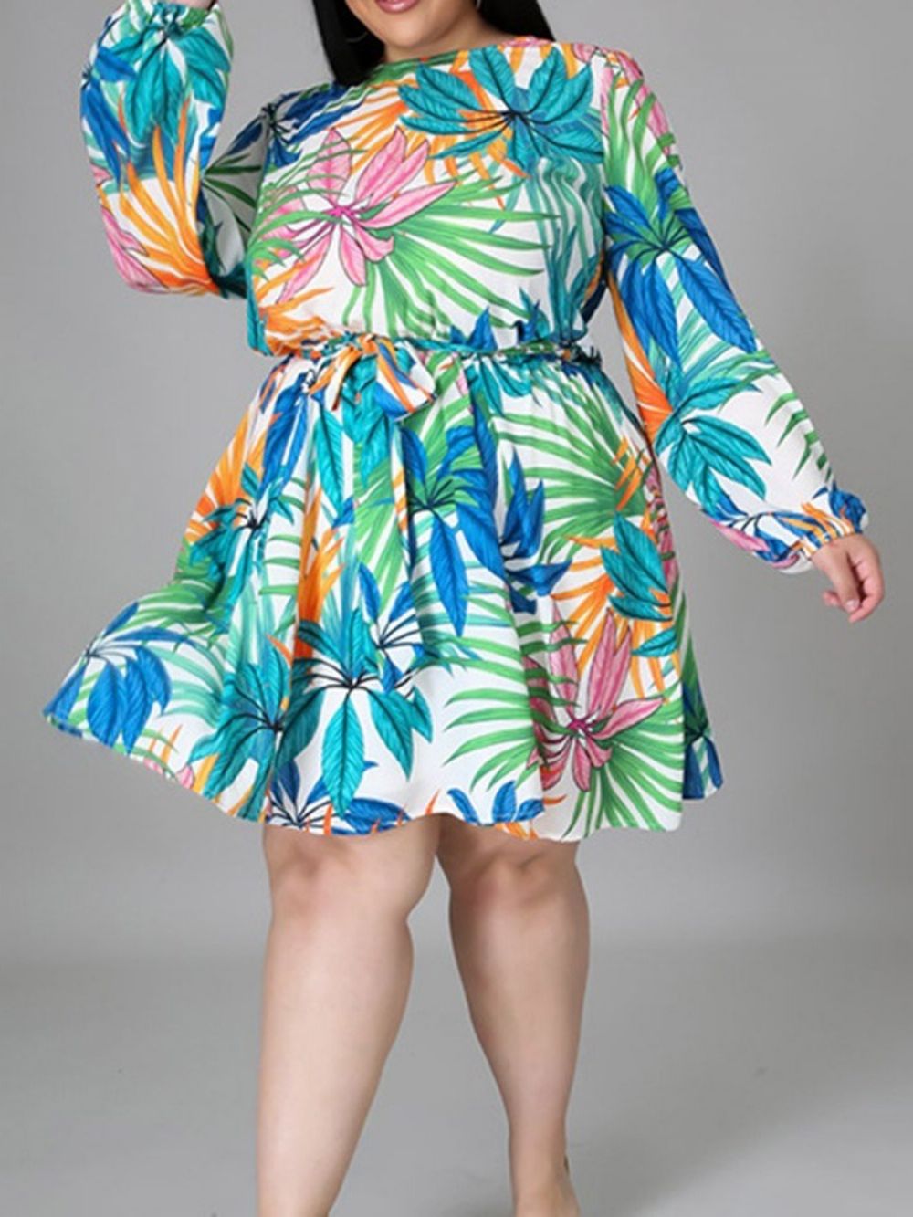 Vestido Pulôver Estampado Na Altura Do Joelho Com Gola Redonda Plus Size