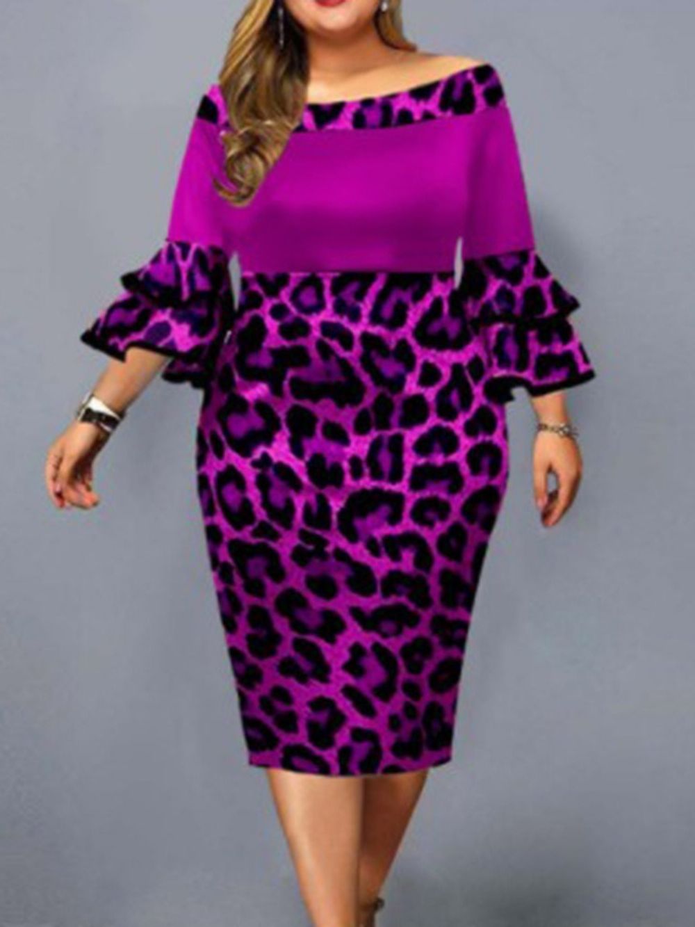 Vestido Pulôver De Leopardo Plus Size Falbala Meia Panturrilha Ombro A Ombro