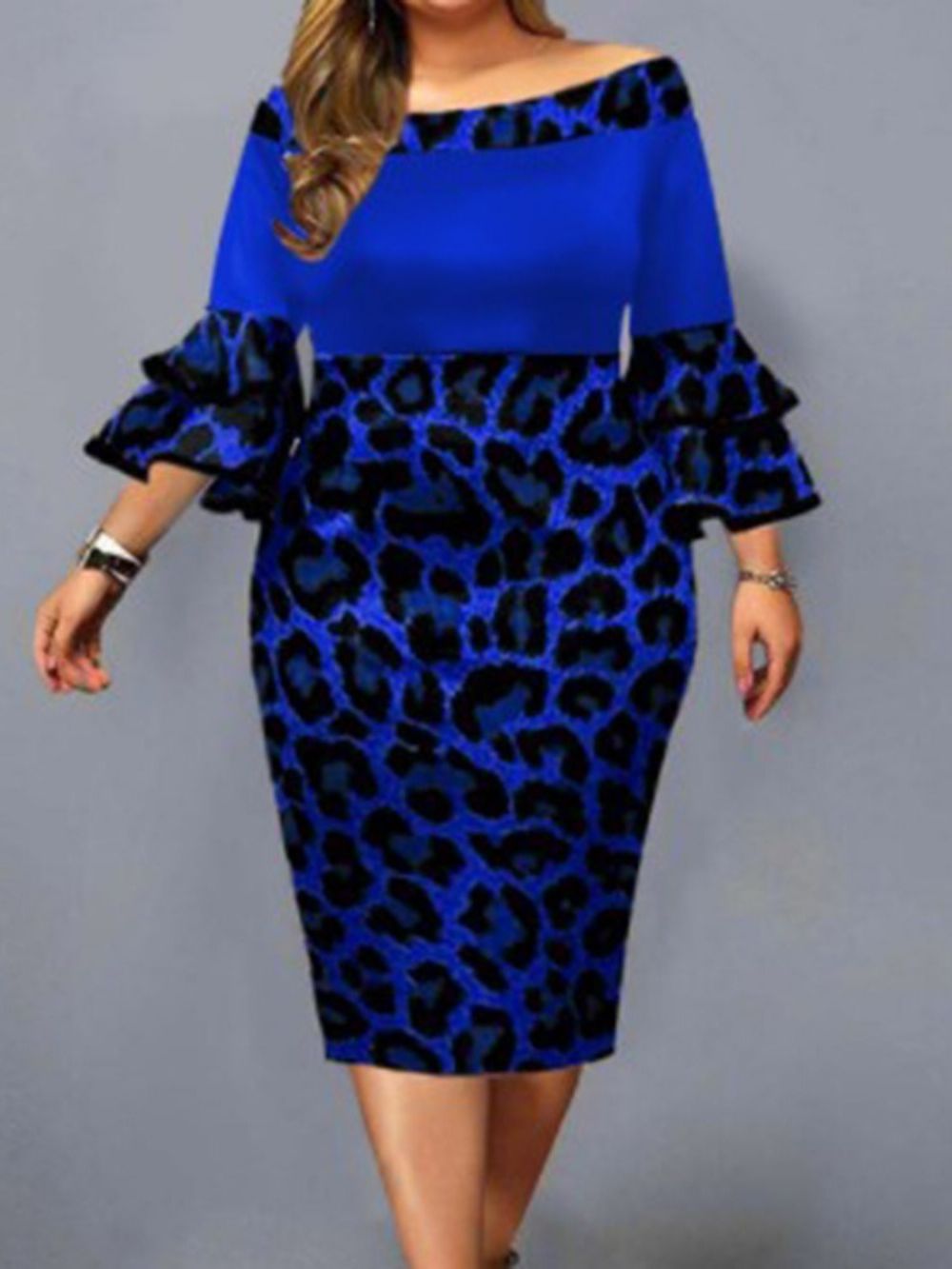 Vestido Pulôver De Leopardo Plus Size Falbala Meia Panturrilha Ombro A Ombro