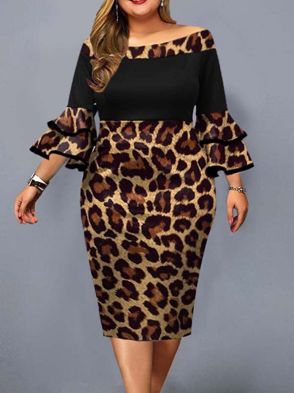 Vestido Pulôver De Leopardo Plus Size Falbala Meia Panturrilha Ombro A Ombro