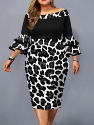 Vestido Pulôver De Leopardo Plus Size Falbala Meia Panturrilha Ombro A Ombro