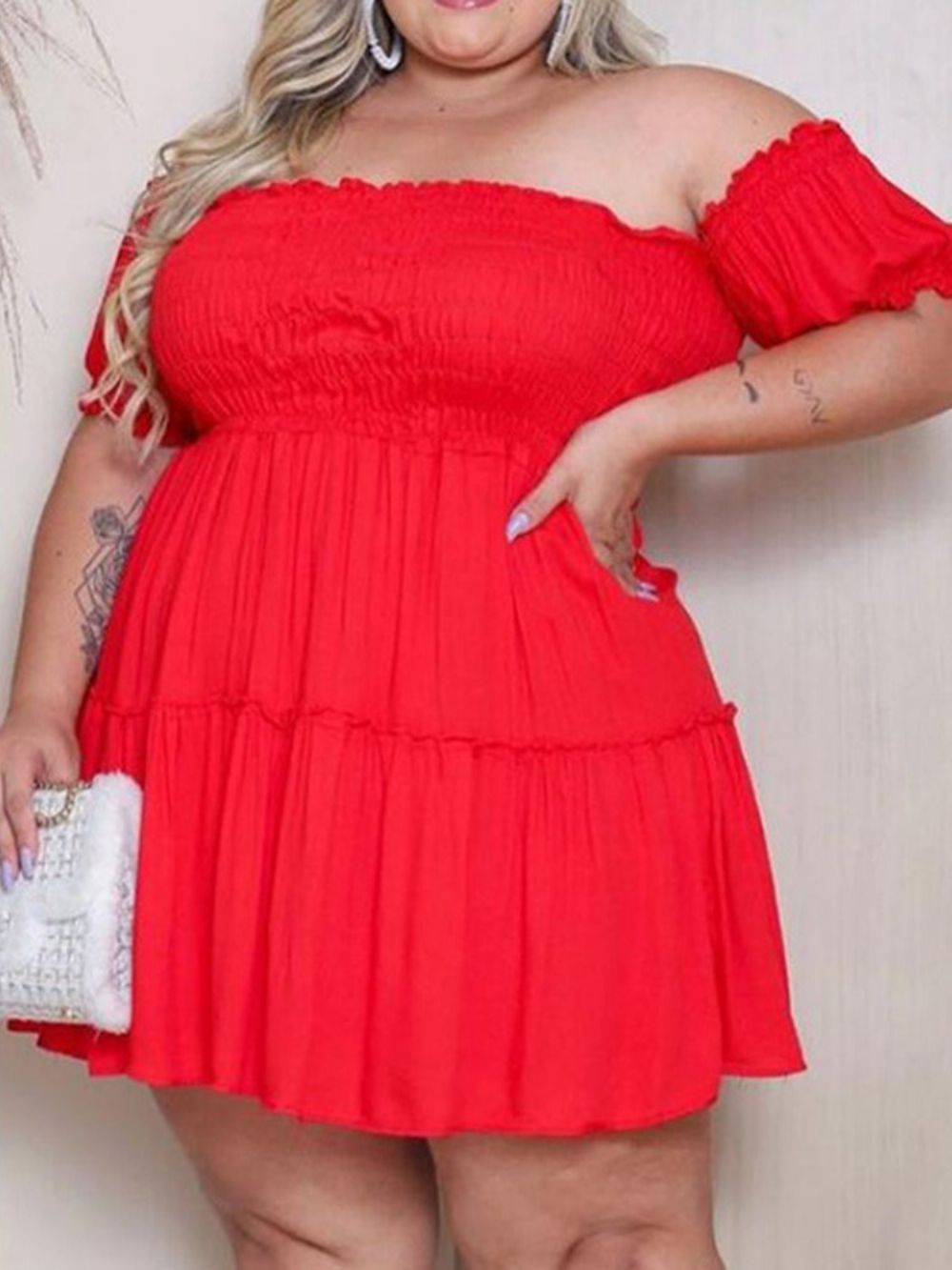 Vestido Pulôver De Manga Curta Fora Do Ombro Acima Do Joelho Plus Size