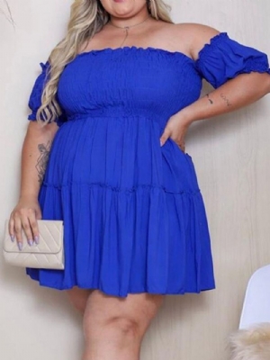 Vestido Pulôver De Manga Curta Fora Do Ombro Acima Do Joelho Plus Size