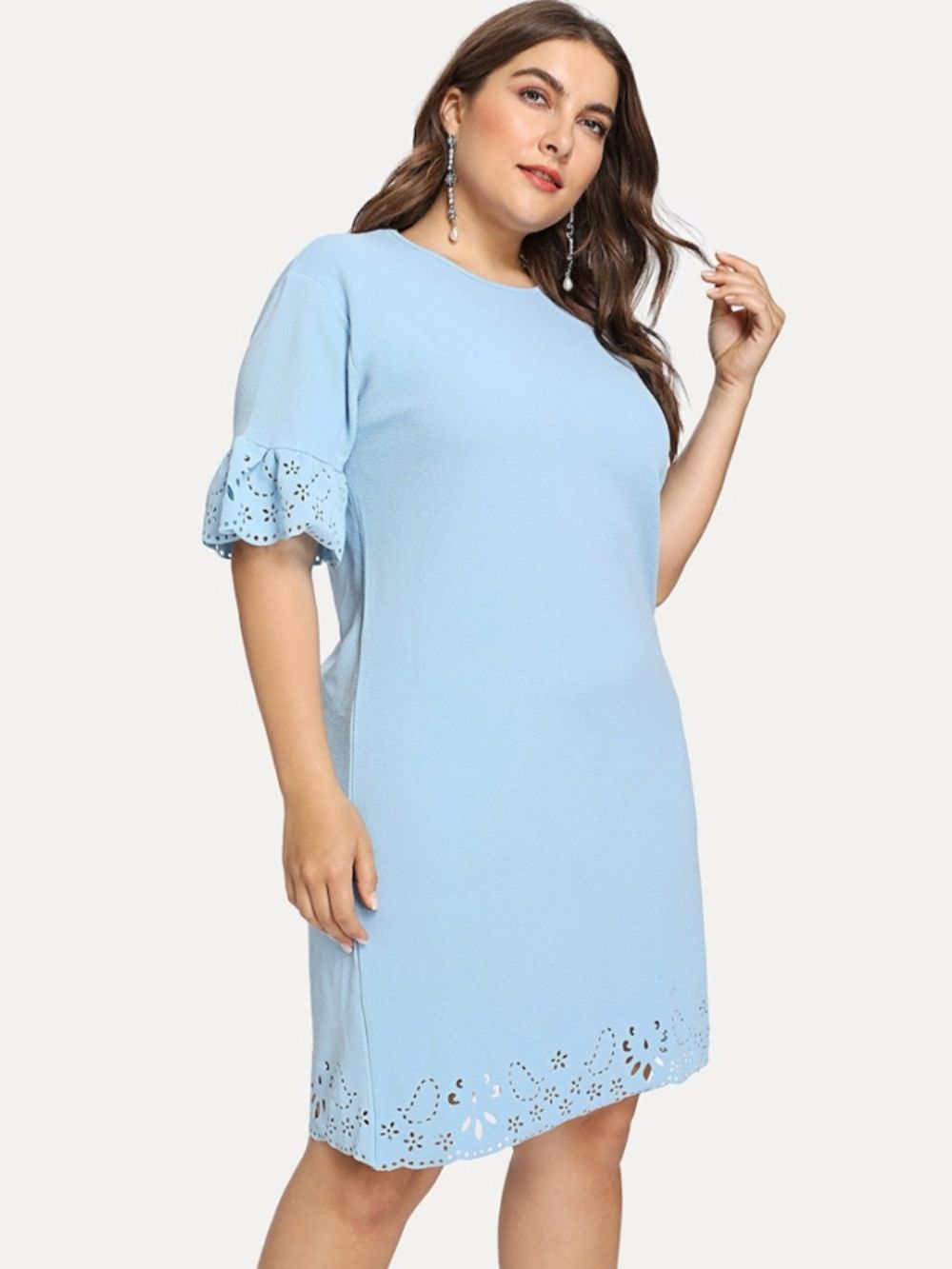 Vestido Pulôver Plus Size Oco Meia Manga E Gola Redonda