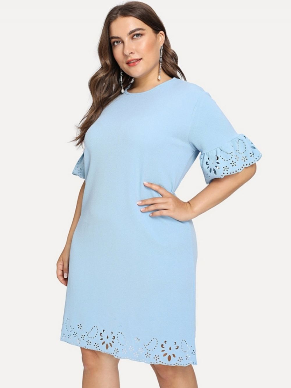 Vestido Pulôver Plus Size Oco Meia Manga E Gola Redonda