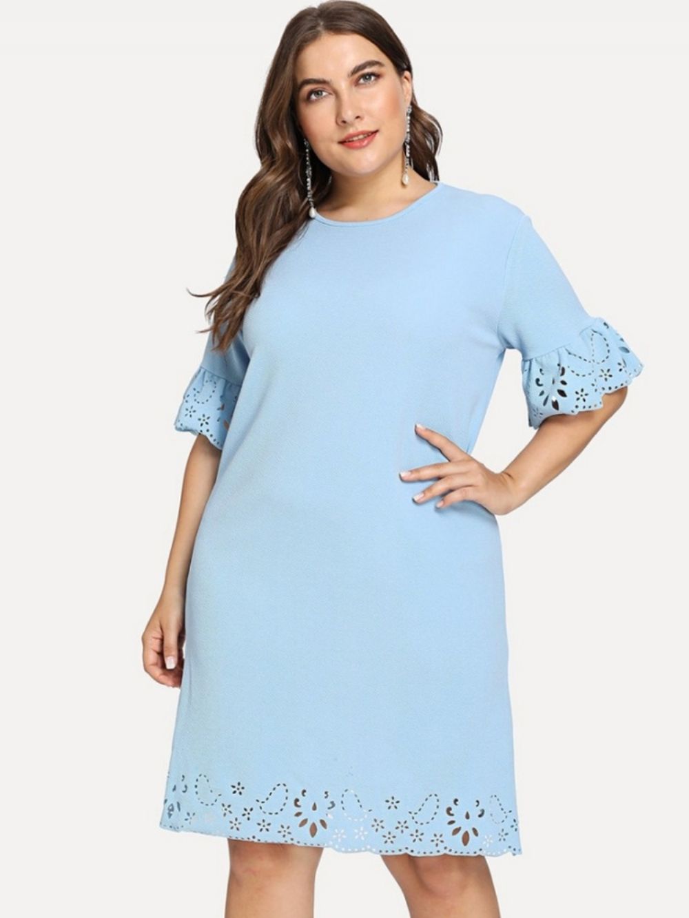 Vestido Pulôver Plus Size Oco Meia Manga E Gola Redonda