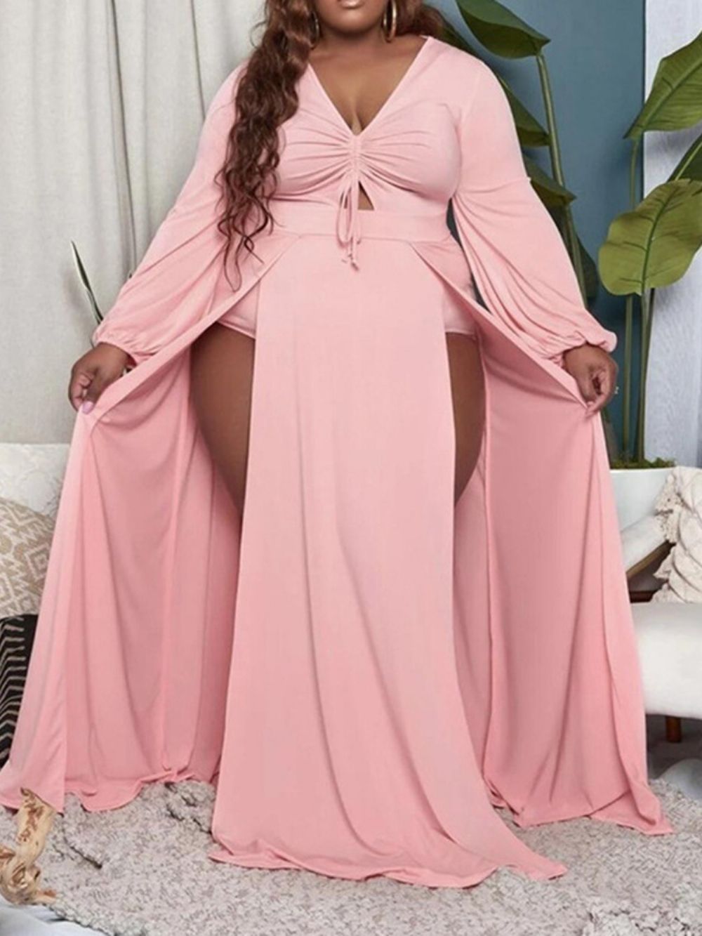 Vestido Pulôver Sexy Com Manga Longa E Decote Em V Plus Size