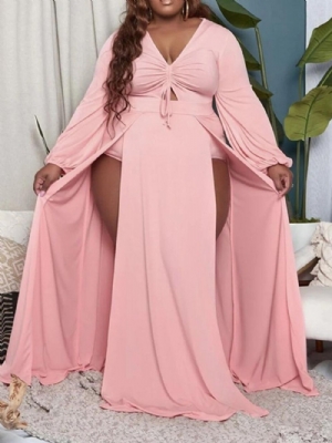 Vestido Pulôver Sexy Com Manga Longa E Decote Em V Plus Size