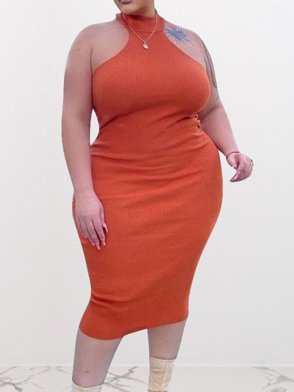 Vestido Pulôver Sexy Sem Mangas Até O Meio Da Panturrilha Plus Size