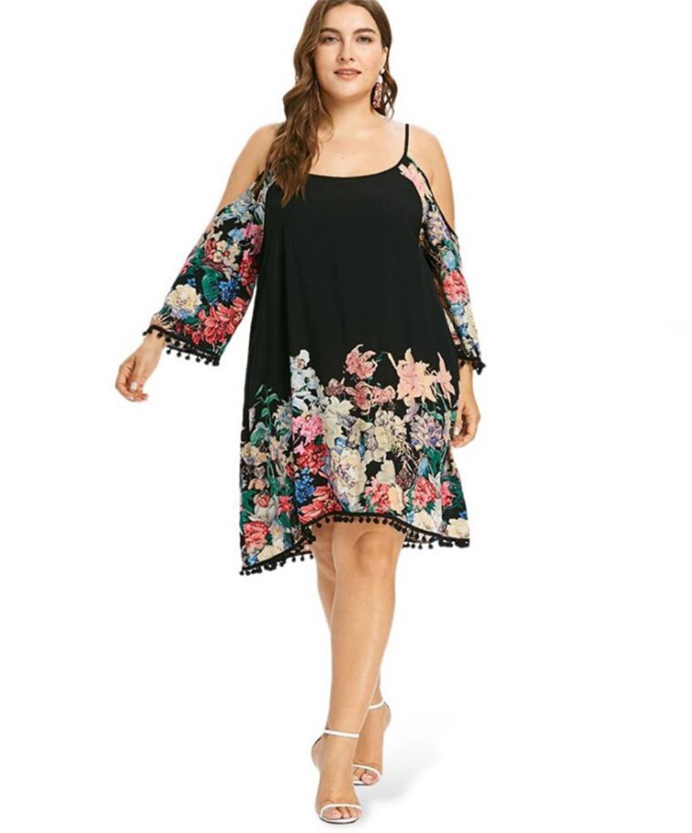 Vestido Regular De Gola Quadrada Manga Longa Borla Plus Size Decote Quadrado