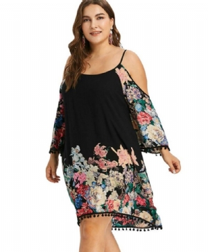 Vestido Regular De Gola Quadrada Manga Longa Borla Plus Size Decote Quadrado