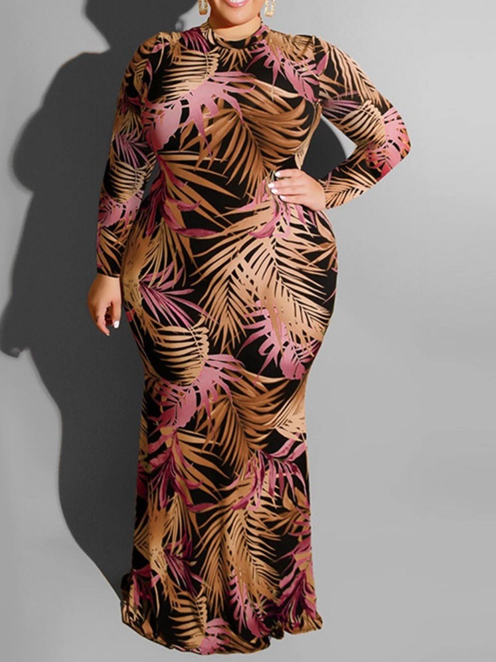 Vestido Regular Plus Size Comprimento Do Chão Oco Manga Longa Bodycon