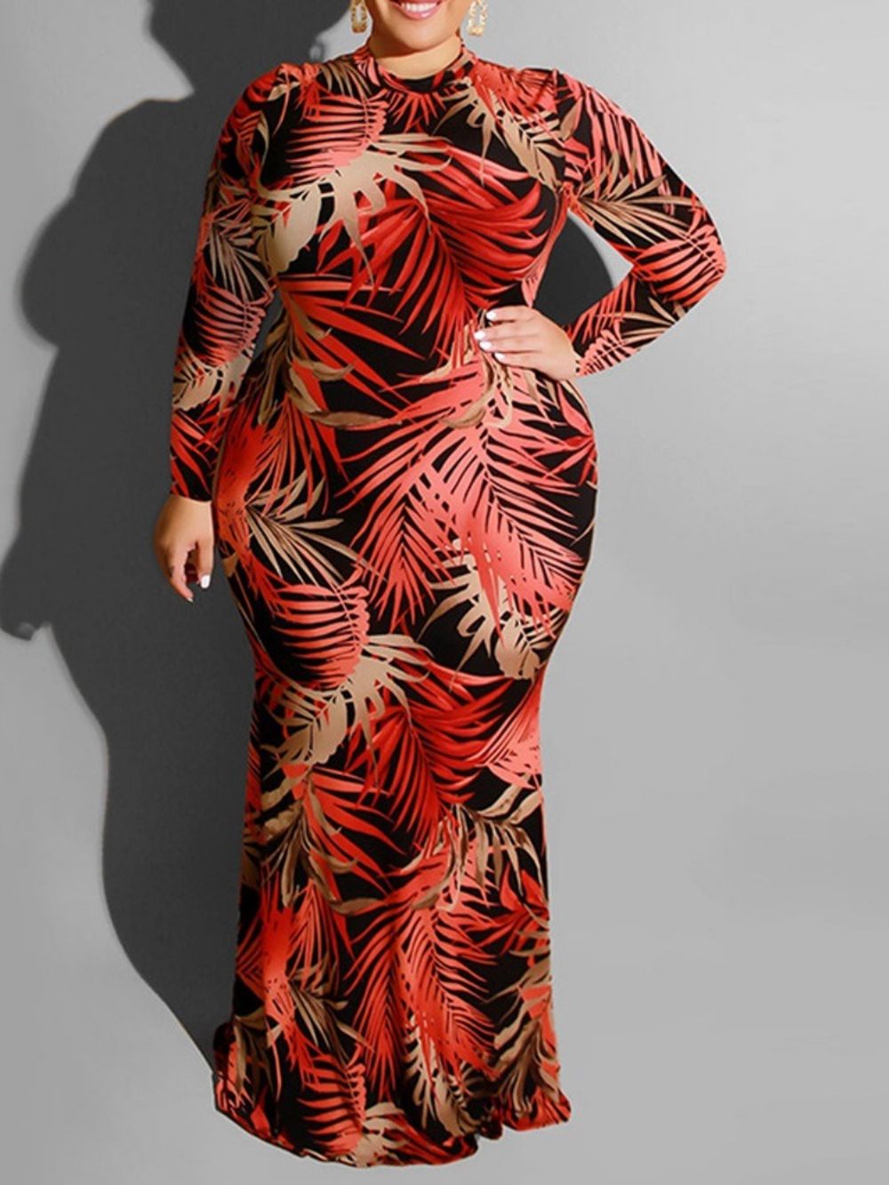 Vestido Regular Plus Size Comprimento Do Chão Oco Manga Longa Bodycon