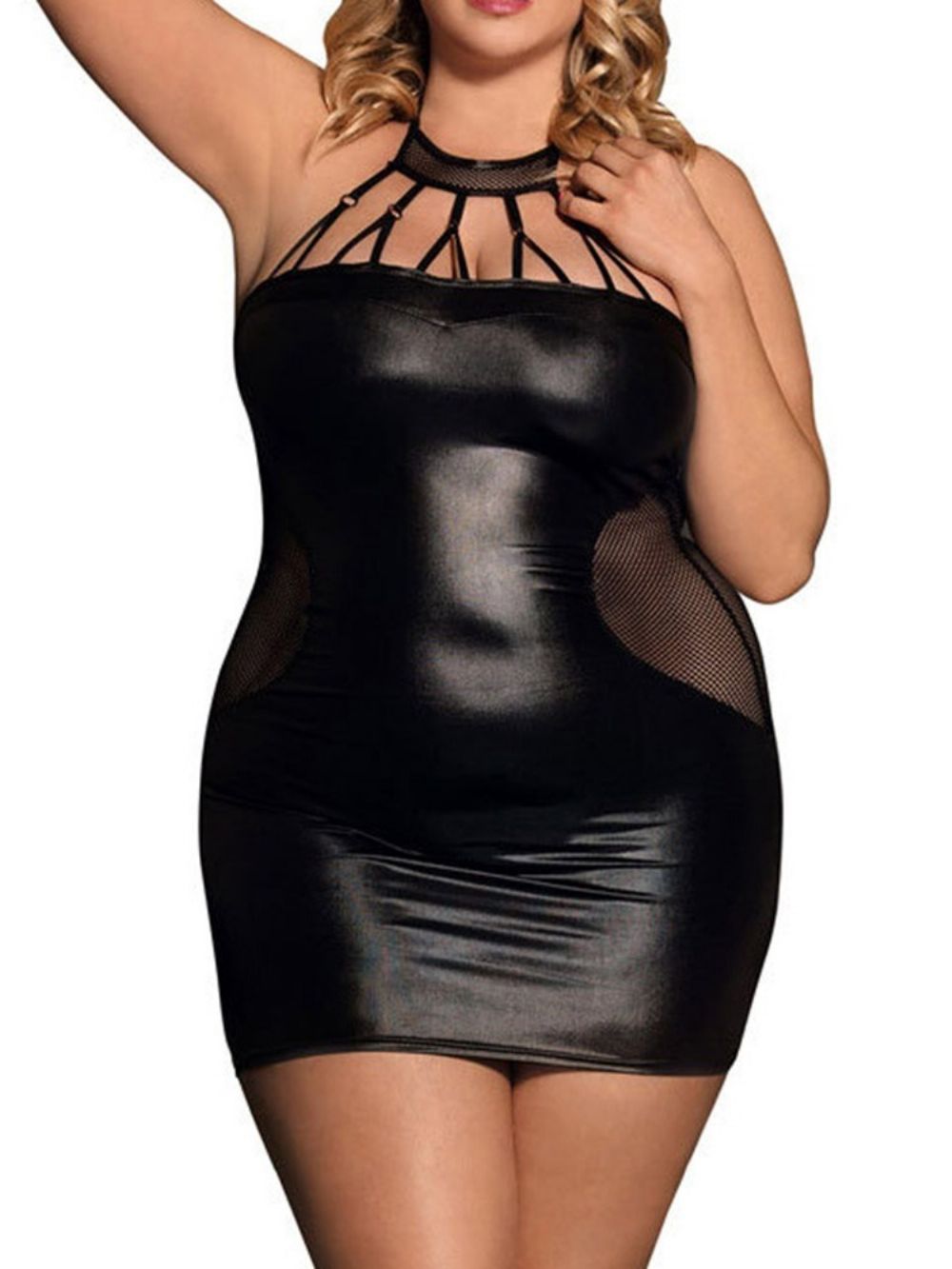 Vestido De Retalhos Gola Redonda Sem Mangas Sexy Bodycon Plus Size