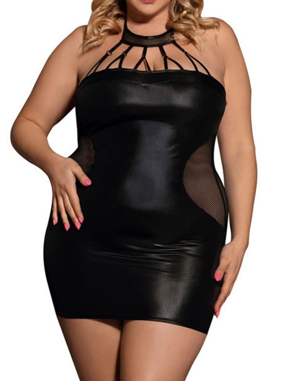 Vestido De Retalhos Gola Redonda Sem Mangas Sexy Bodycon Plus Size