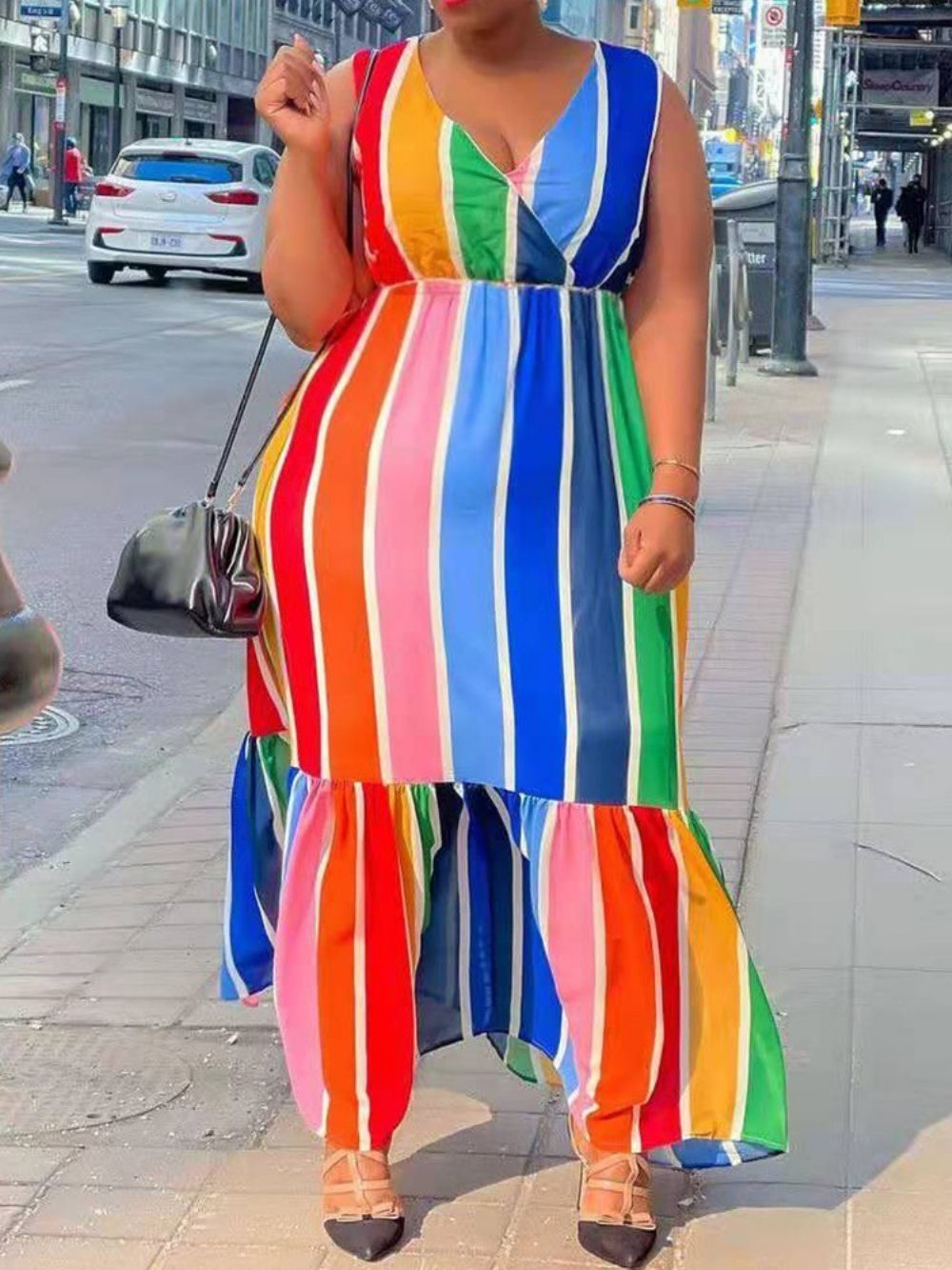 Vestido Sem Manga Com Decote Em V Até O Chão Doce Plus Size