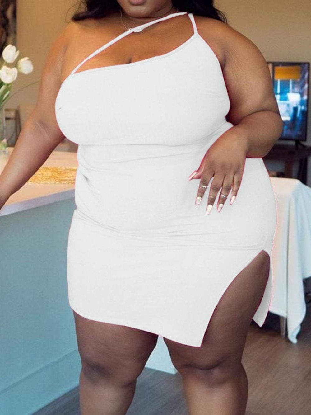 Vestido Sem Mangas Com Fenda Acima Do Joelho Bodycon Plus Size