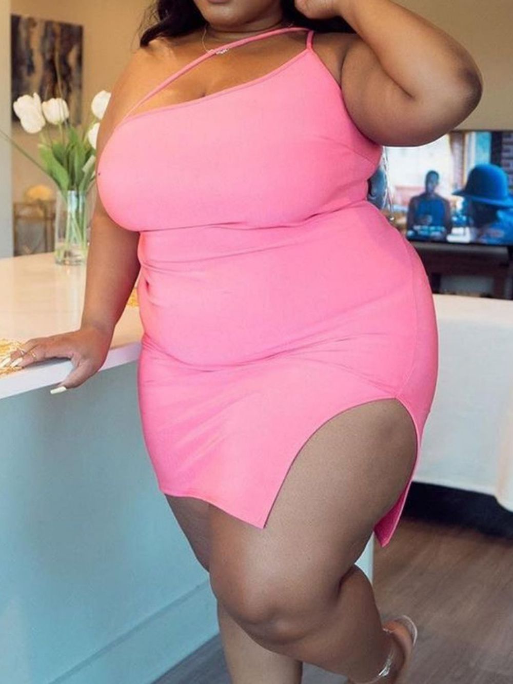 Vestido Sem Mangas Com Fenda Acima Do Joelho Bodycon Plus Size