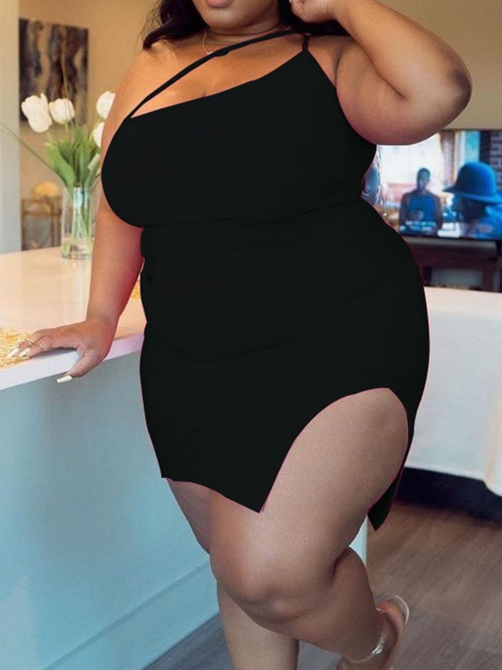 Vestido Sem Mangas Com Fenda Acima Do Joelho Bodycon Plus Size