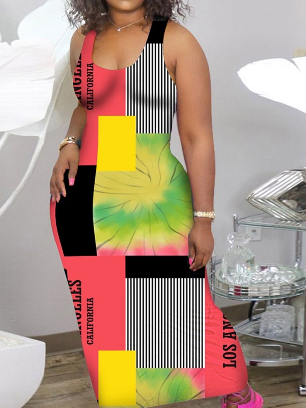 Vestido Sem Mangas Patchwork Comprimento Do Tornozelo Casual Color Block Bodycon Plus Size