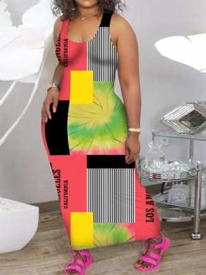 Vestido Sem Mangas Patchwork Comprimento Do Tornozelo Casual Color Block Bodycon Plus Size