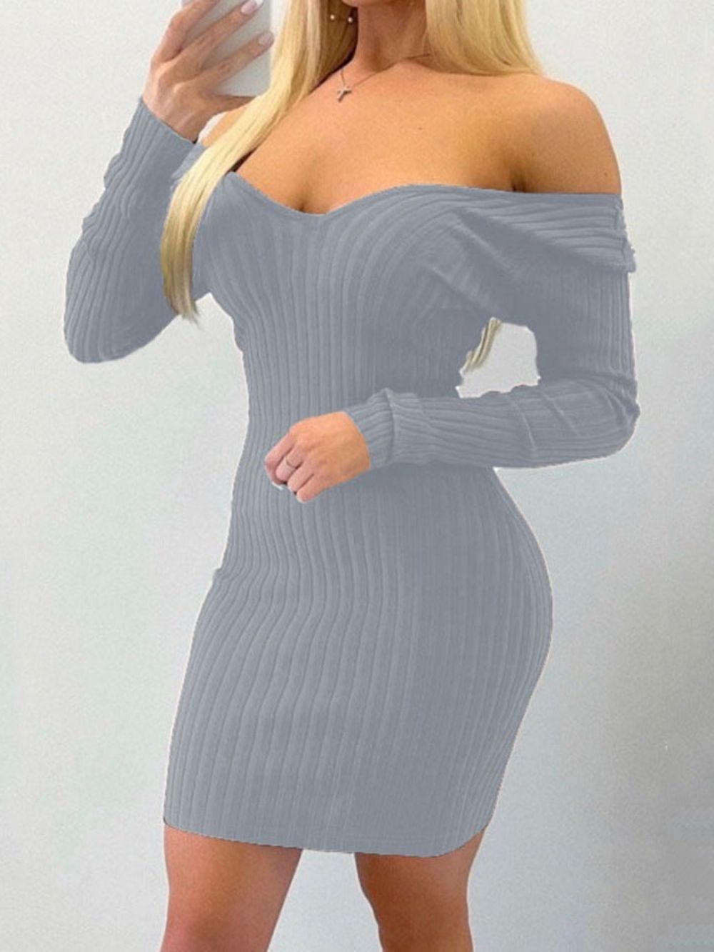 Bodycon Vestido Simples De Manga Longa Acima Do Joelho