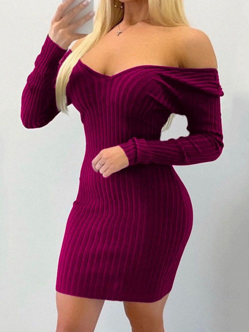 Bodycon Vestido Simples De Manga Longa Acima Do Joelho