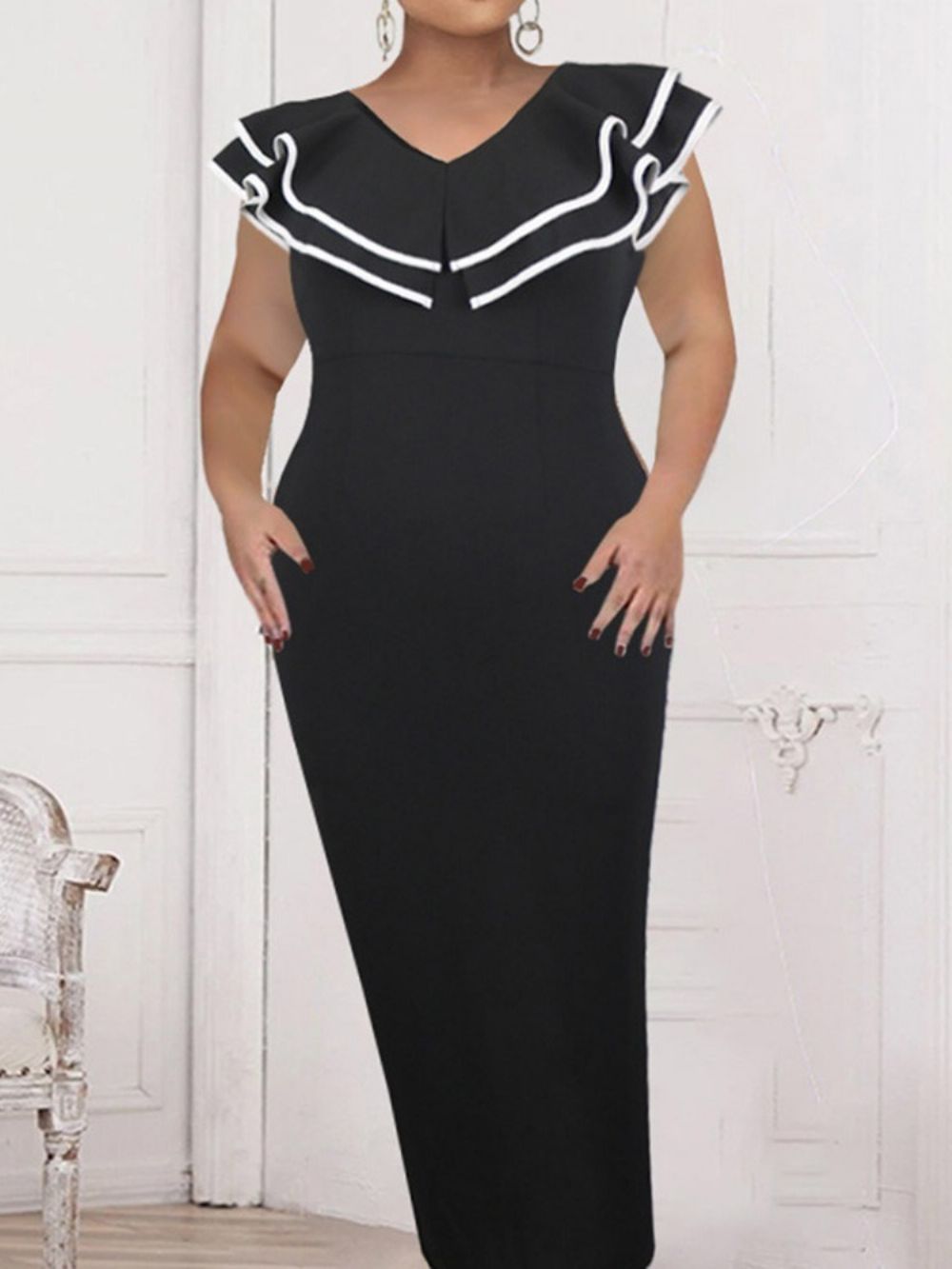 Boné Falbala Até O Tornozelo Manga Cor Bloco Moda Bodycon Vestido Plus Size