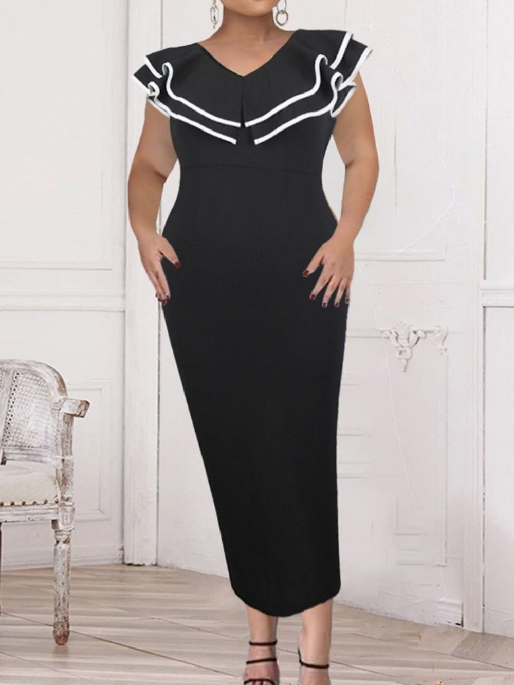 Boné Falbala Até O Tornozelo Manga Cor Bloco Moda Bodycon Vestido Plus Size