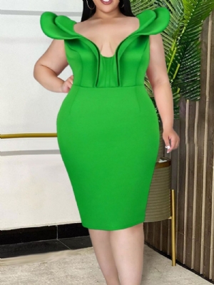 Cap Sleeve Falbala Até O Joelho Pulôver Office Lady Bodycon Dress