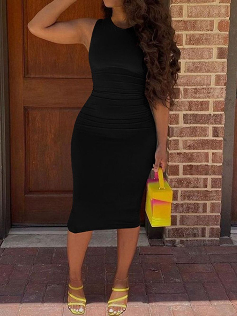 Pequeno Vestido Preto Gola Redonda E Meia Panturrilha Pulôver Sem Mangas Office Lady Bodycon Dress