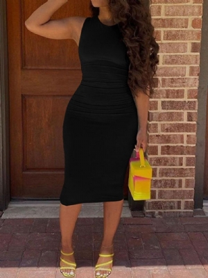 Pequeno Vestido Preto Gola Redonda E Meia Panturrilha Pulôver Sem Mangas Office Lady Bodycon Dress