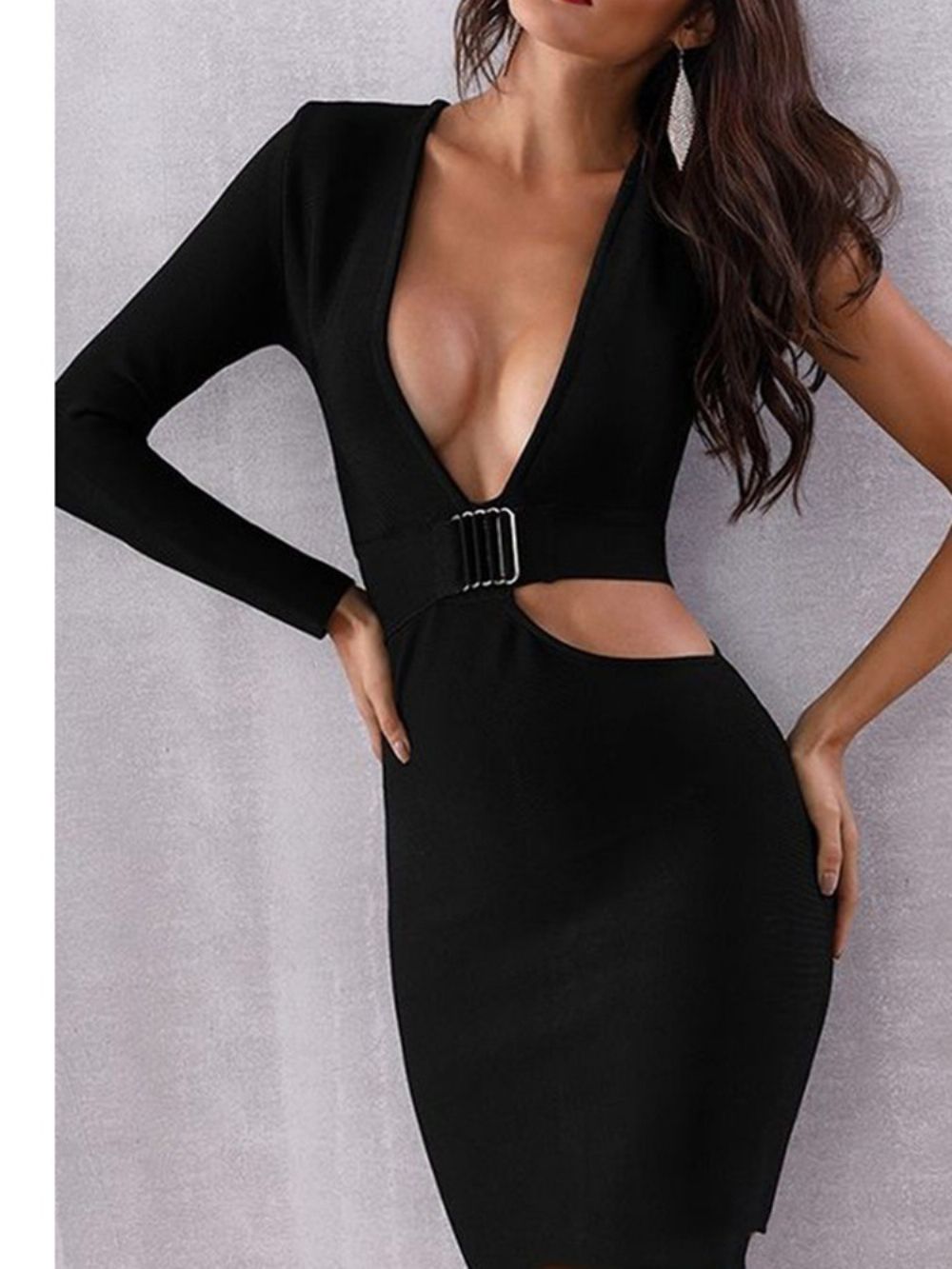 Pequeno Vestido Preto Manga Longa Oco Com Decote Em V Bodycon Vestido Sexy