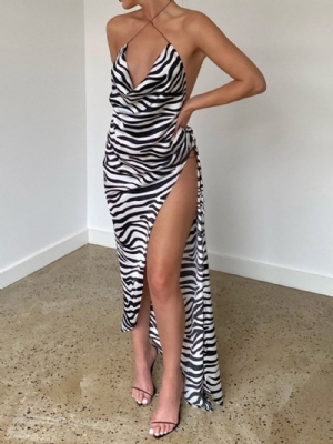 Vestido Assimétrico Com Listras De Zebra Sem Manga E Sem Encosto