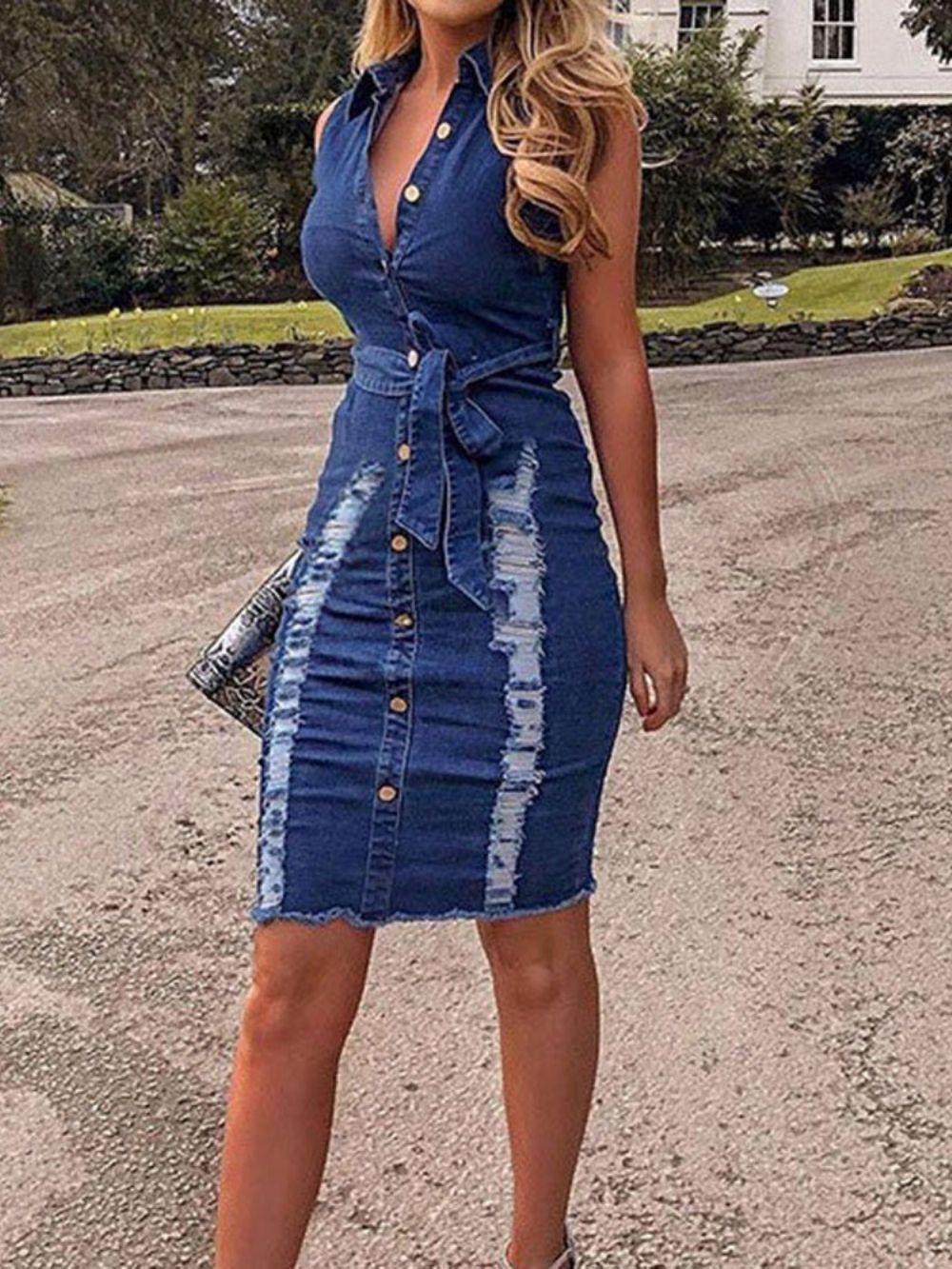 Vestido Bodycon Cintura Alta Sem Manga E Lapela Com Furo