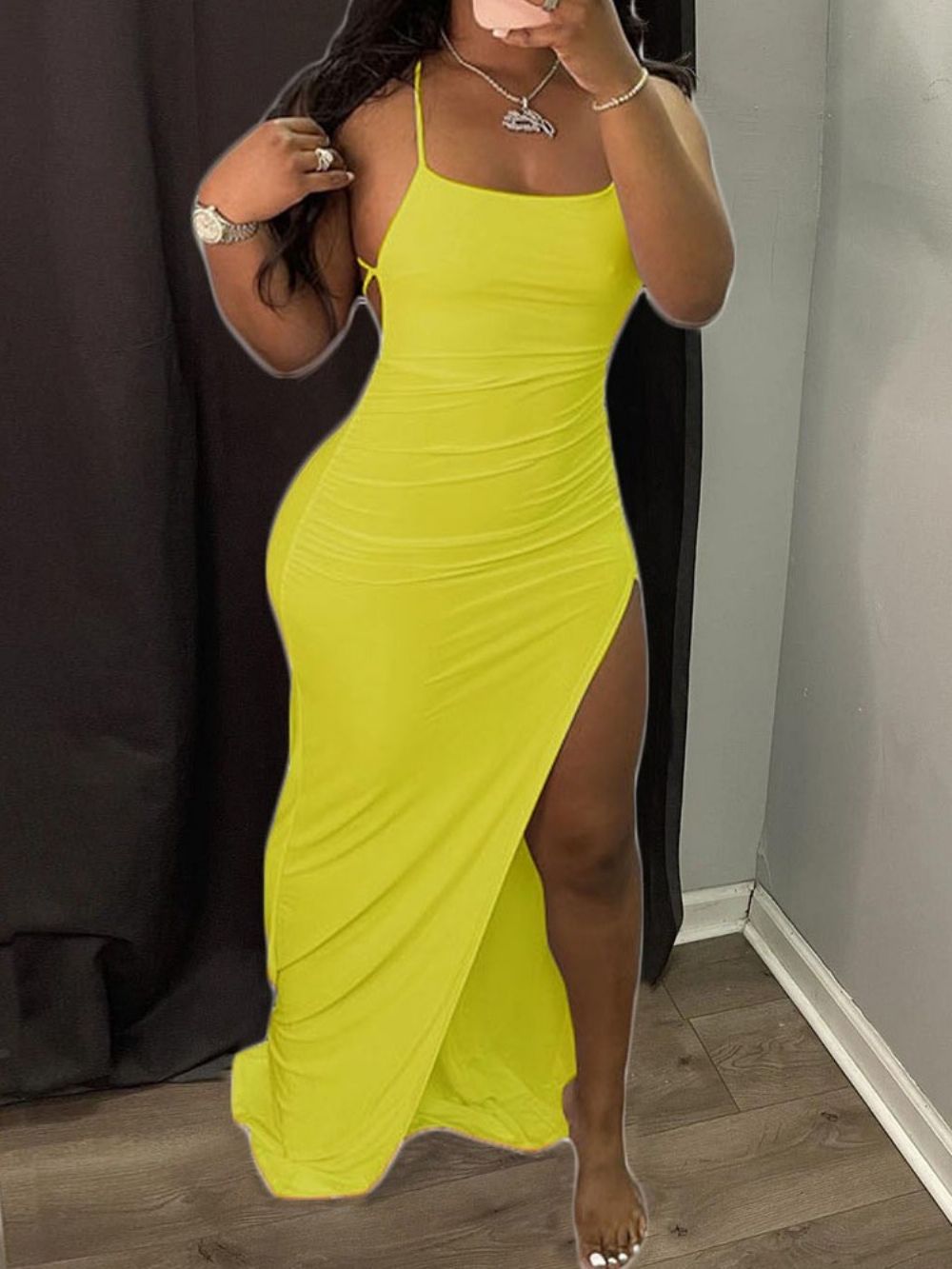 Vestido Bodycon Com Alça De Espaguete E Sem Mangas Divididas