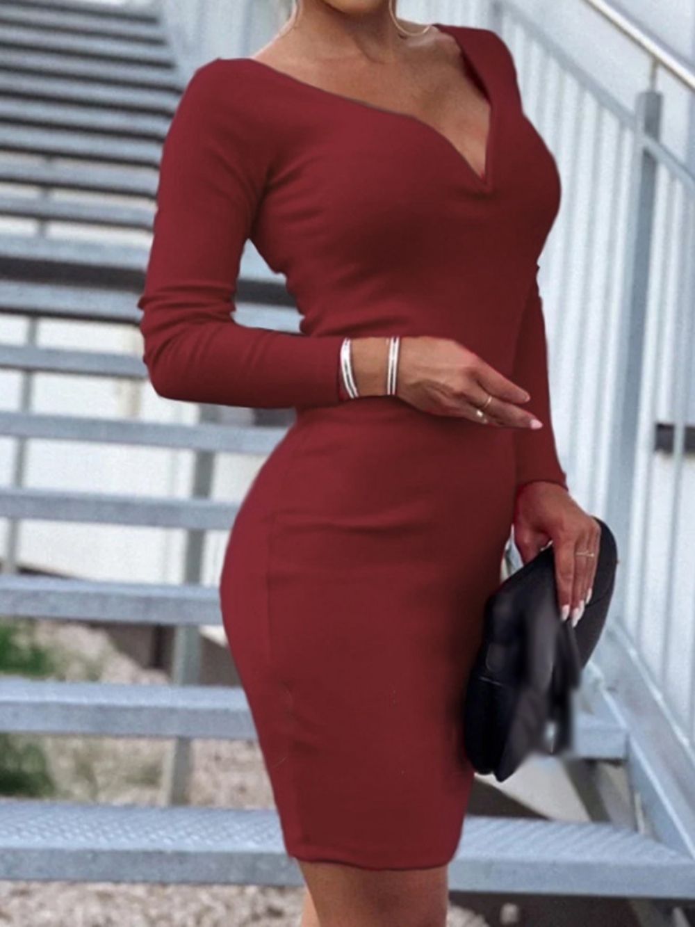 Vestido Bodycon Decote Em V Acima Do Joelho Manga Longa Simples