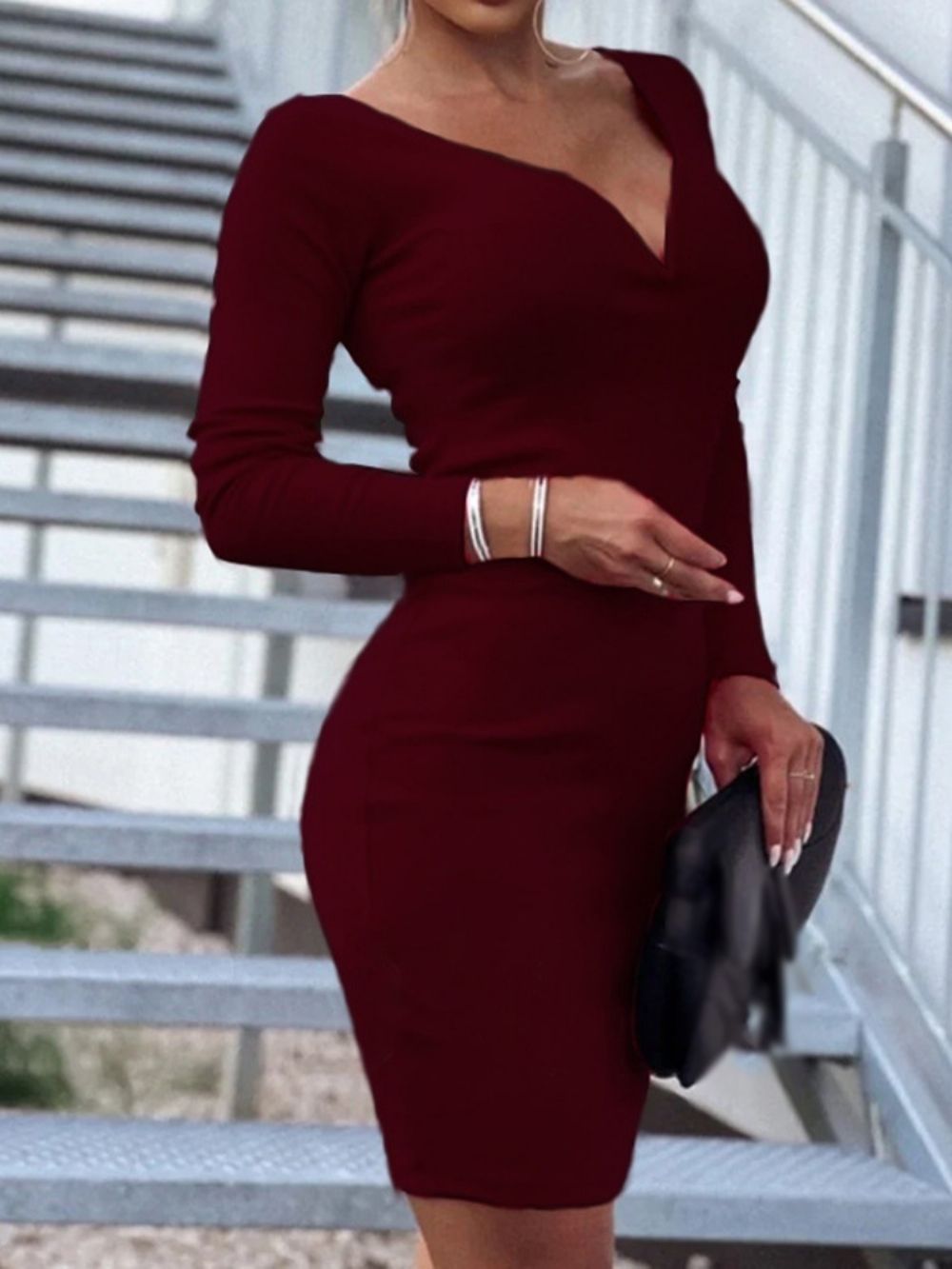 Vestido Bodycon Decote Em V Acima Do Joelho Manga Longa Simples