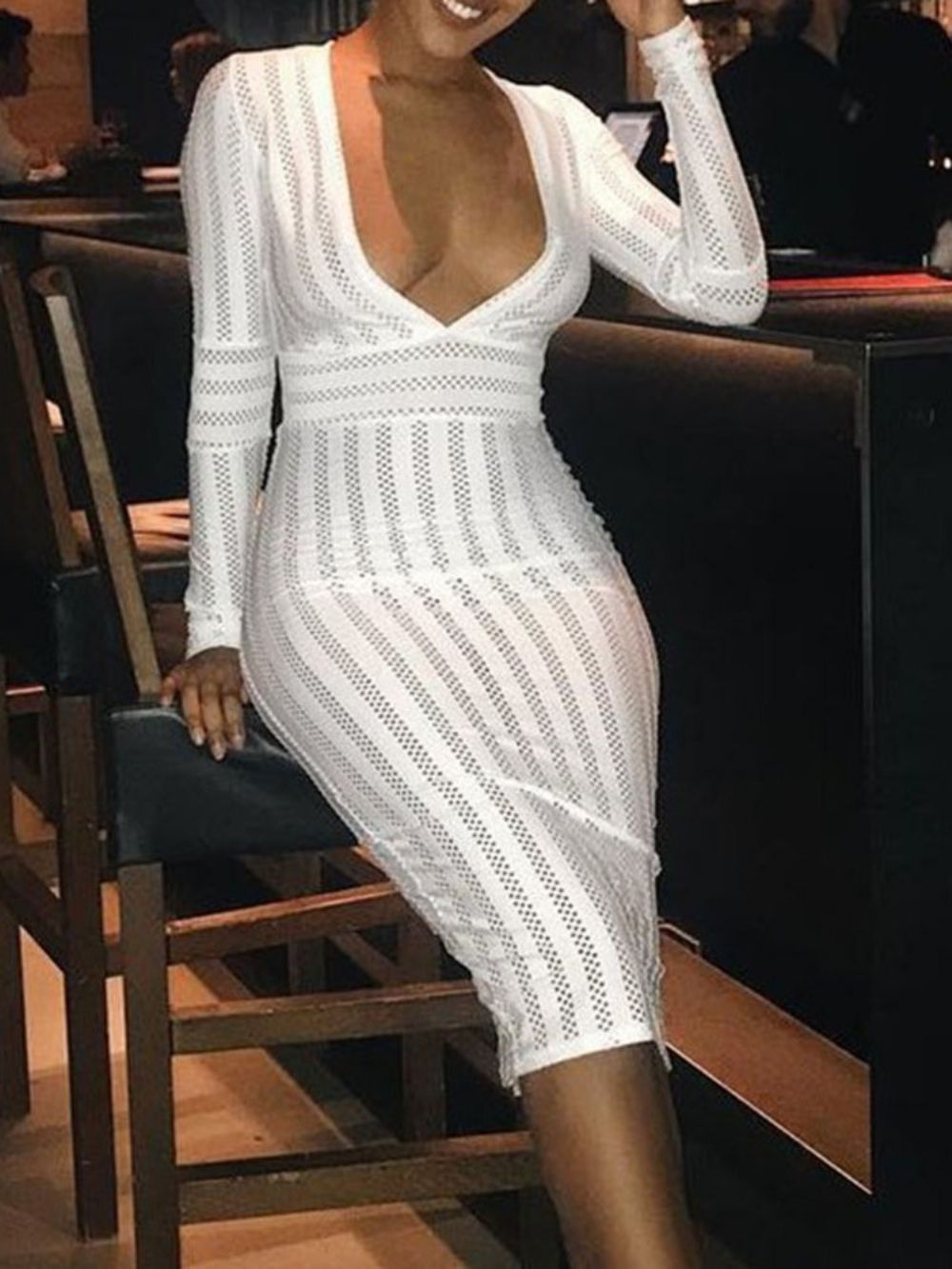 Vestido Bodycon Decote Em V Oco Manga Longa Cintura Alta