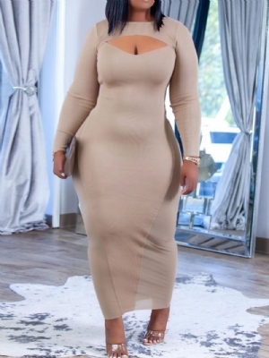 Vestido Bodycon Liso Manga Nove Pontos Oco Até O Tornozelo