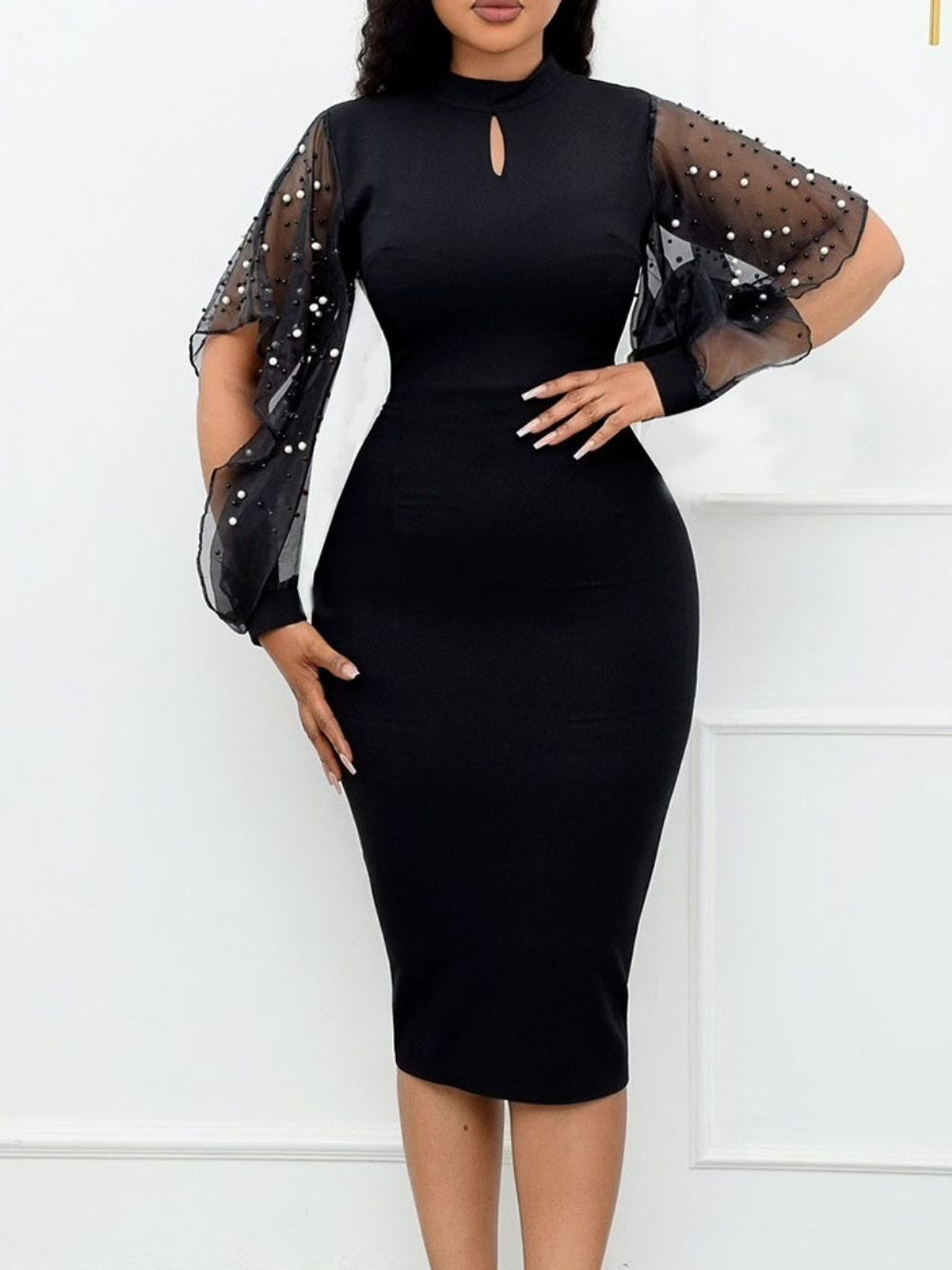 Vestido Bodycon Liso Regular Com Miçangas Manga Longa De Miçangas E Miçangas